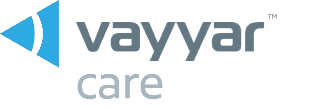 A Vayyar Care Logo, with a blue triangular shape to the left