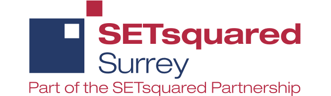 A blue square with a smaller white square symbol to the left of SetSquaredSurrey written in red with Part of the SETSquared Partnership underneath