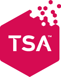 A hexagon in red with TSA written in white in the middle