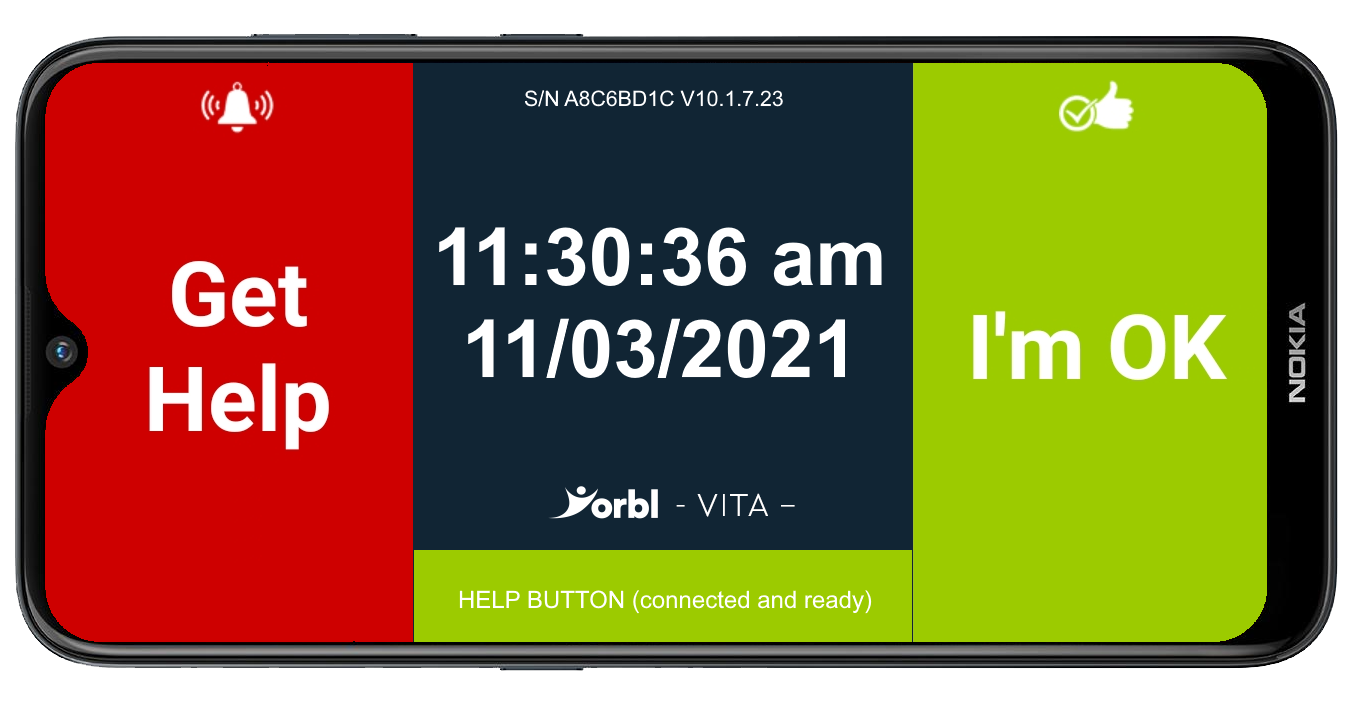 Yorbl Vita with Green Help Button on Motorola E20 Phone