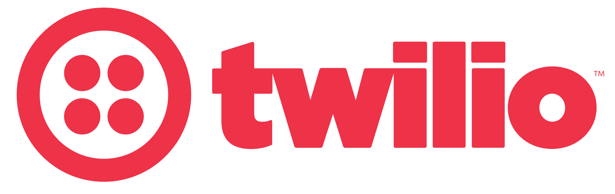A symbol similar to a button in red with Twilio written in lower case also in red logo