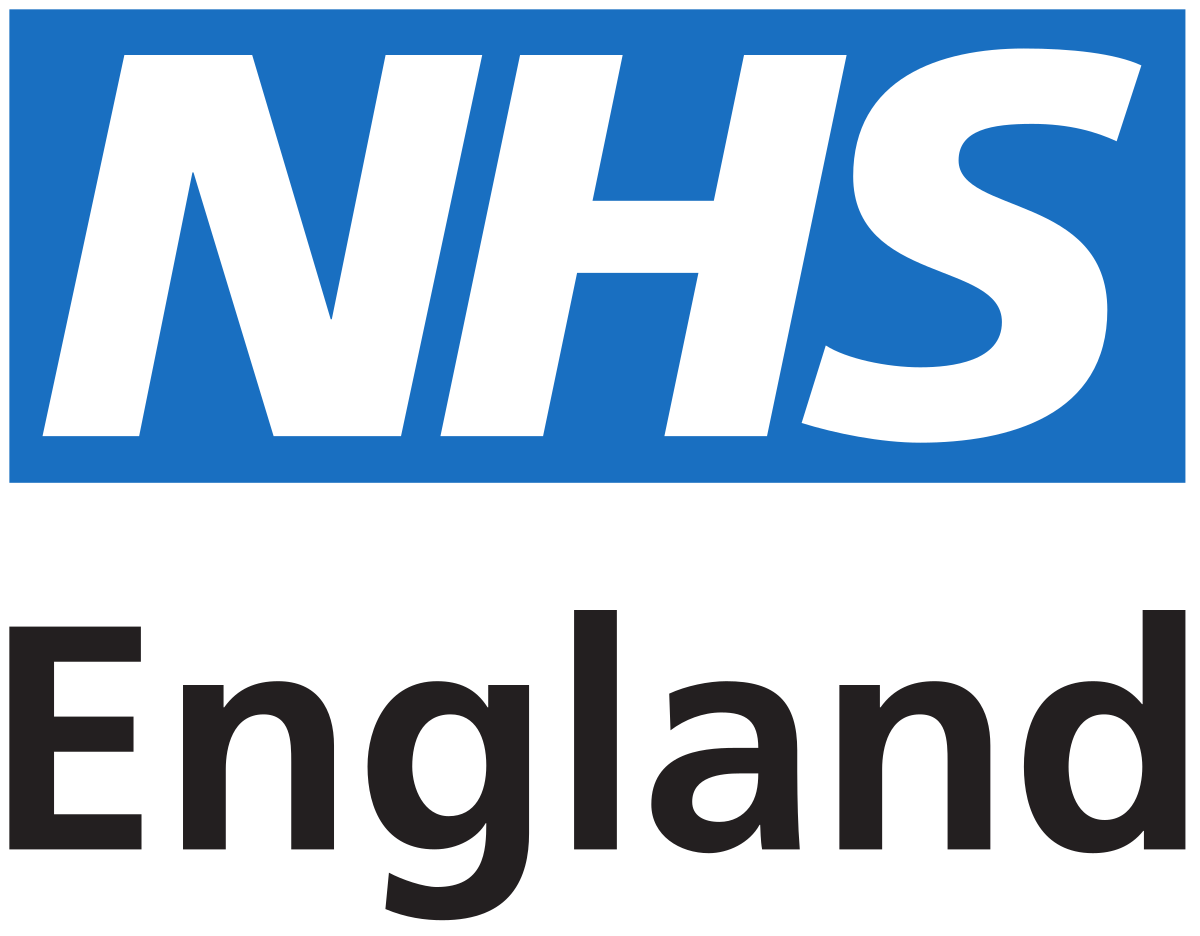 NHS England logo white lettering with blue background