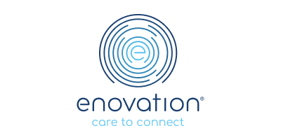 A circular lined symbol in blue sat above the word Enovation, Care to Connect also in blue