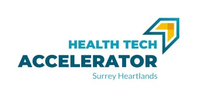 Surrey Heartlands Health Tech Accelerator written in blue with a yellow patterned arrow symbol to the above right