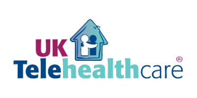 #The UK Telehealthcare Logo which is written in purple, blue and turquoise. There is the symbol of a house with two people inside