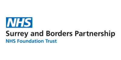 The NHS logo at the top with Surrey and Borders Partnership written in black underneath followed by NHS Foundation Trust in blue at the bottom