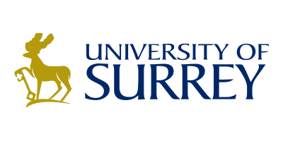 A symbol of a stag with a key in gold to the left and the University of Surrey written in navy blue to the right