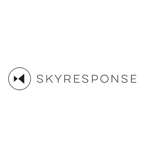 A circle with a play type symbol to the left of SKYRESPONSE written in black capital letters