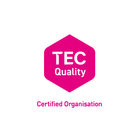 A red hexagon shape with TEC Qaulity written in white in the middle. Certified organisation is written underneath