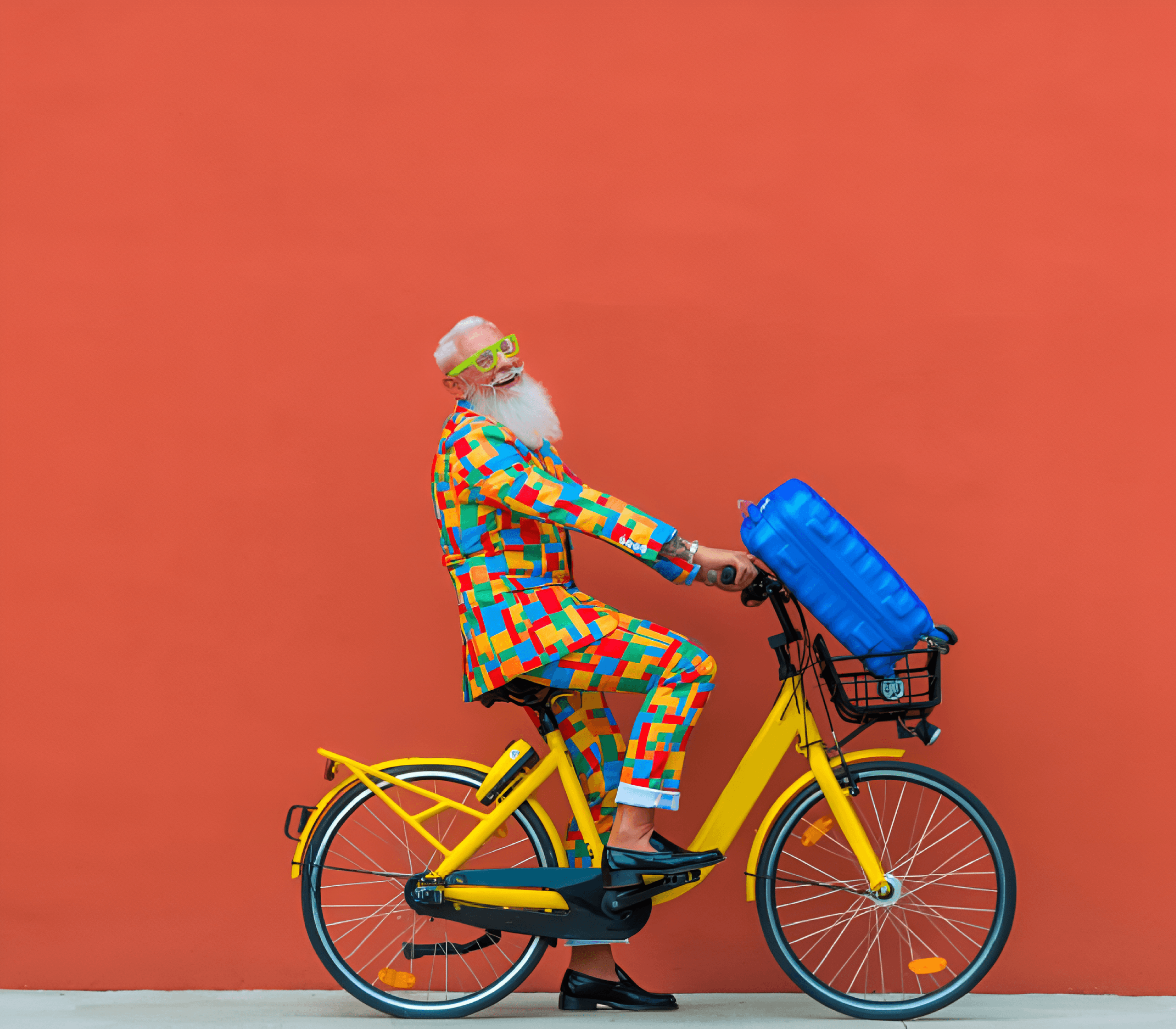 Man with large grey beard riding a yellow bicycle carrying a suitcase in the basket, laughing.