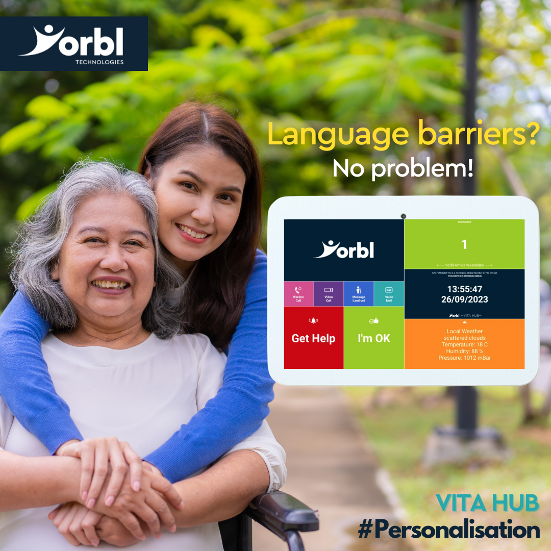 An advert containing Yorbl Hub, and a mother, who is sat in a wheelchair, a daughter who has her arms wrapped around her mother, with the Yorbl Hub placed to the side as an advert style.