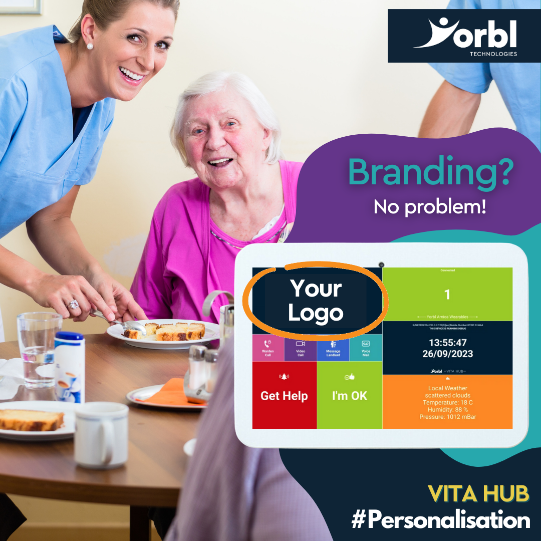 A care worker and an elderly lady are having breakfast at a table smiling towards the image, and on the right is a screenshot of the Yorbl Vita Hub with "Your Logo" circled.