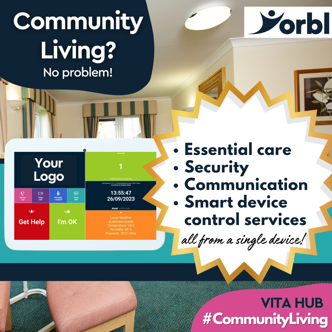 A community living style image of a living room in a care setting is shown with the Yorbl Vita Hub and its features