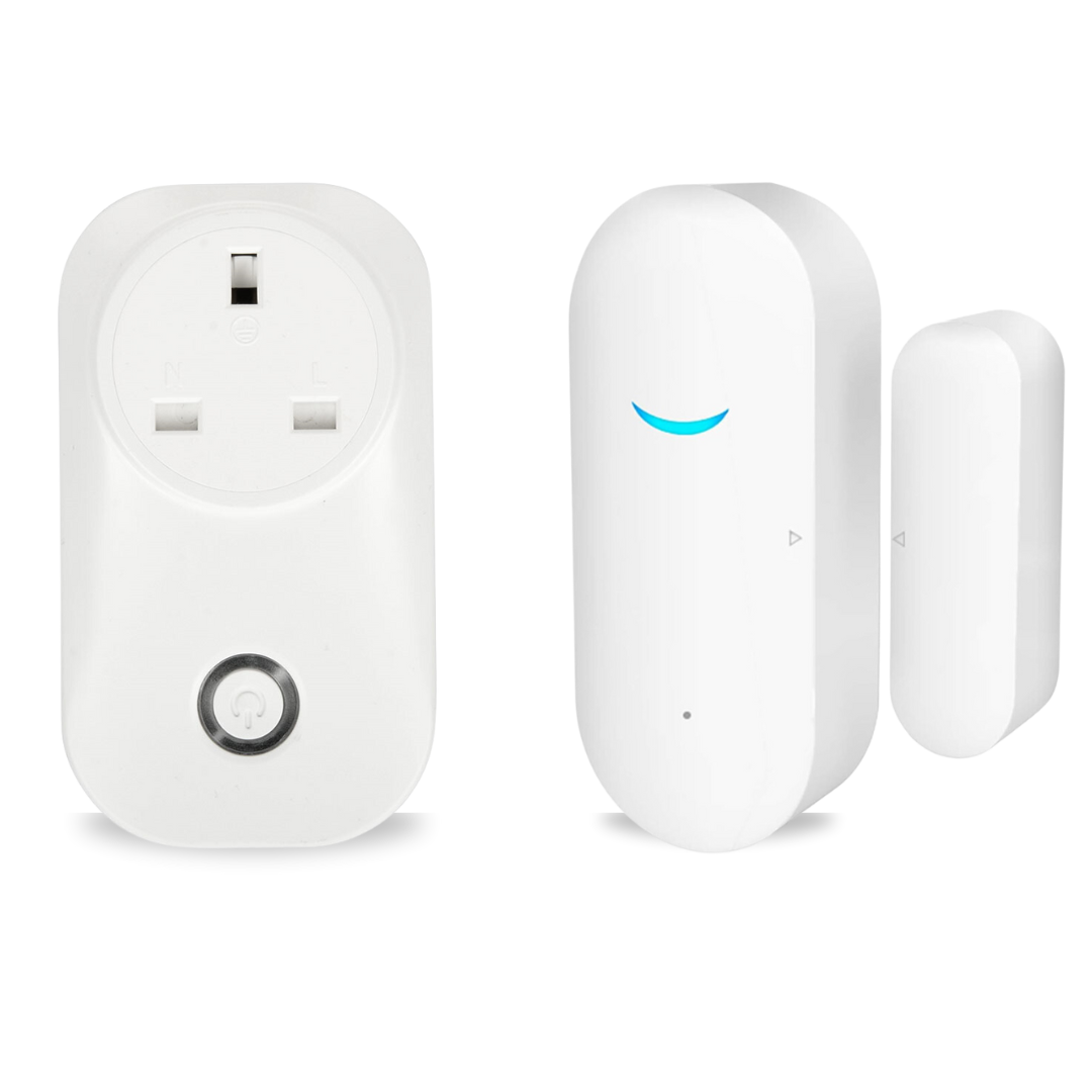 An image of a smart plug and a door sensor