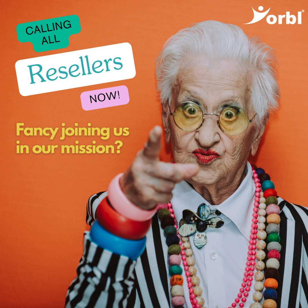 A senior lady dressed in a black and white stripe suit and lots of jewellery, pointing towards you with the words, Calling all resellers, fancy joining us on our mission?