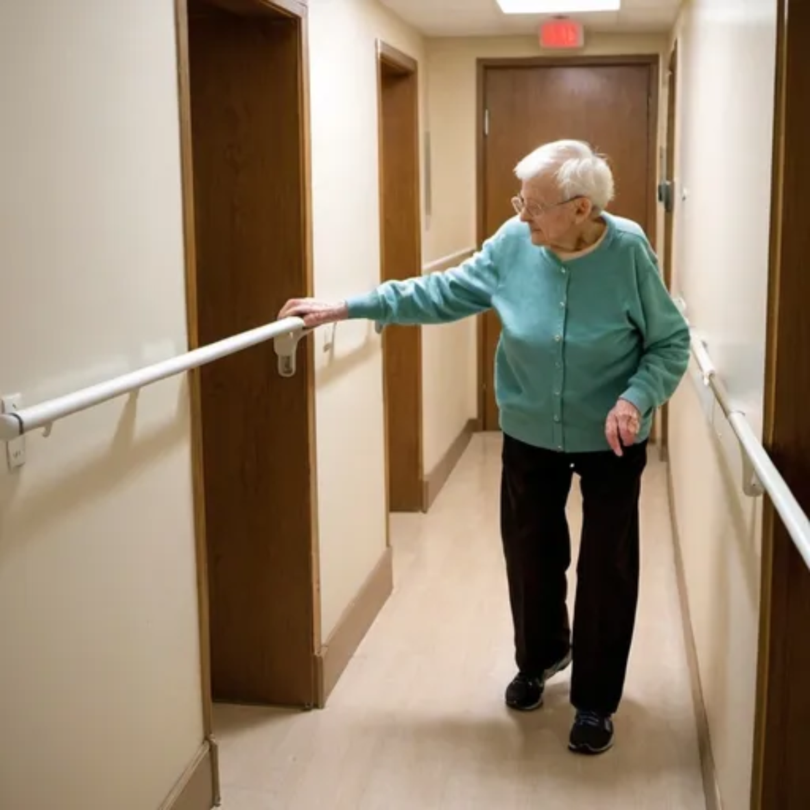 Elderly Person walking along a corridor